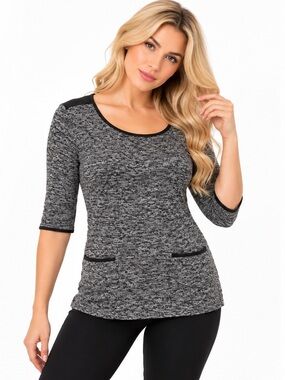TWIK Simons Grey Marled Knit Tunic Top Faux Leather Trim XS